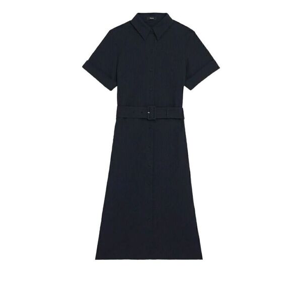 Theory Navy Blue Seersucker Dress Size Large * missing belt - Picture 4 of 13